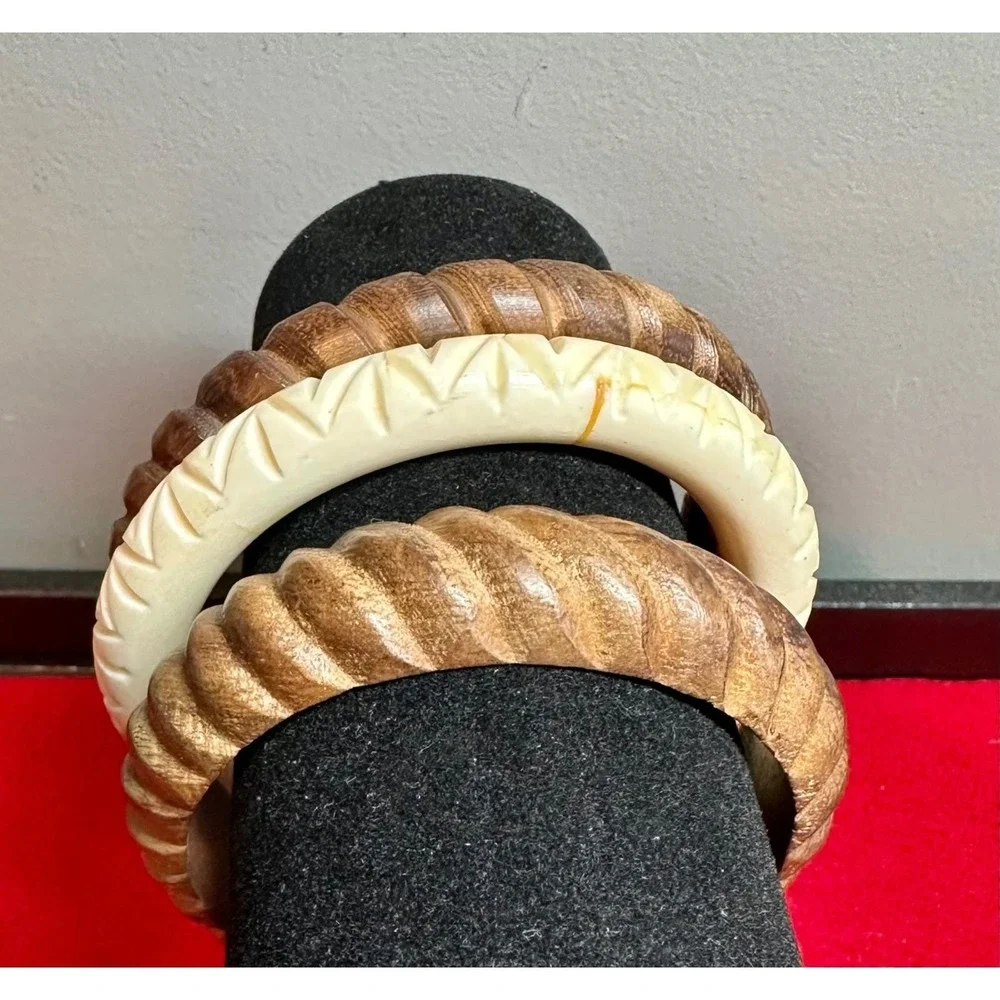 Vintage Carved Wood Resin Bangle Bracelets Lot Stackable Boho Chunky Set 3